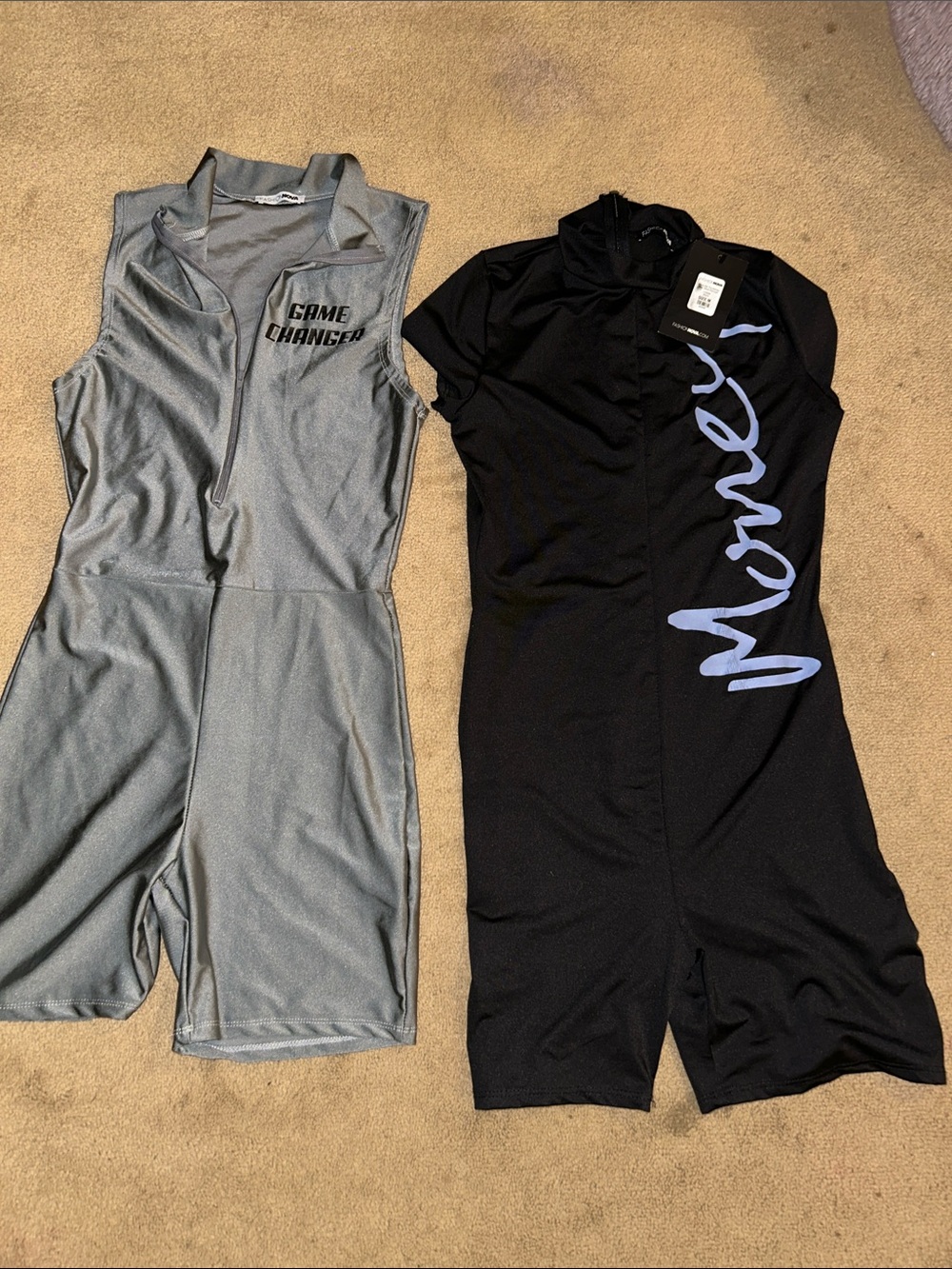Fashion Nova Grey Metallic & Black Graphic Sleeveless Jumpsuit Duo